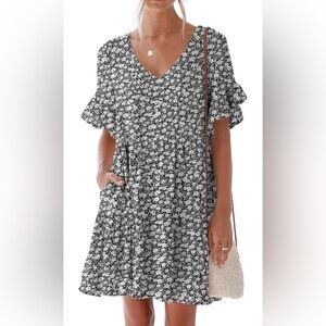 Floral V-Neck Dress with Ruffle Sleeves